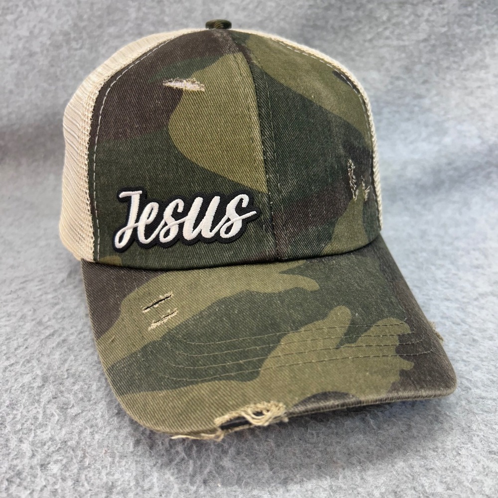 Jesus Patch Women Camo Unbranded Trucker Hat Distressed Ponytail Mesh Cap OSFM